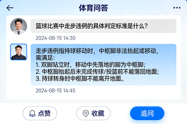 体育问答页面显示用户提问与专家详细解答的对话界面
